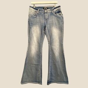 Sky Flare Jeans Women's 13/14 Blue Skull Rose Rhinestone Embellished Y2K EUC